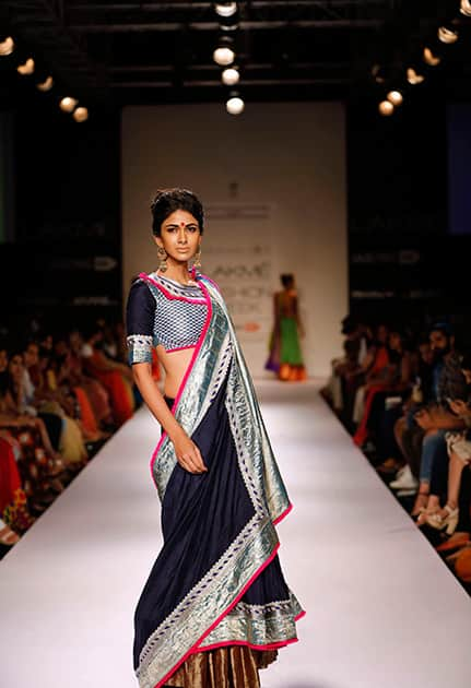 A model displays creations by Vaishali S on the second day of the Lakme Fashion Week in Mumbai.