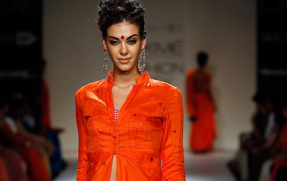 A model displays creations by Vaishali S on the second day of the Lakme Fashion Week in Mumbai.