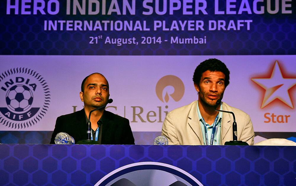 Indian Super League’s (ISL) “Kerala Blasters” marque player and manager David James and General Manger Viren D`Silva attend the international player draft of the ISL in Mumbai.