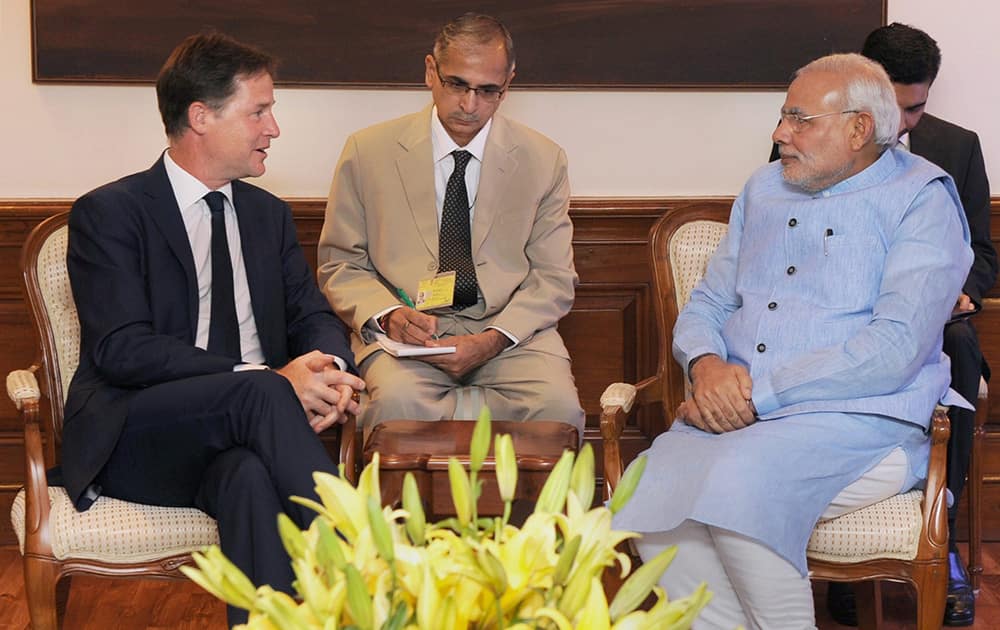 Prime Minister Narendra Modi with Britain’s Deputy Prime Minister Nick Clegg during a meeting in New Delhi.