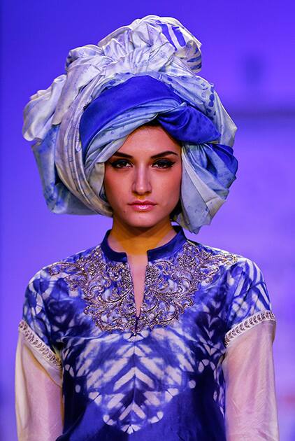 A model displays creations by Krishna Mehta on the second day of the Lakme Fashion Week in Mumbai.