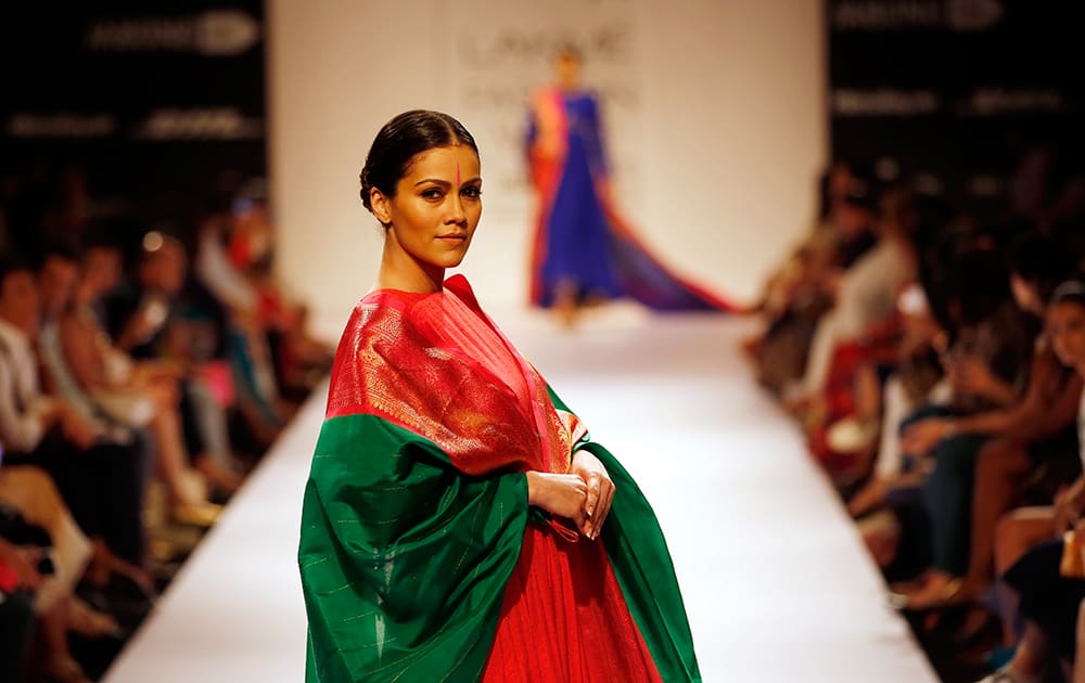 A model displays a creation by Gaurang during the Lakme Fashion Week in Mumbai