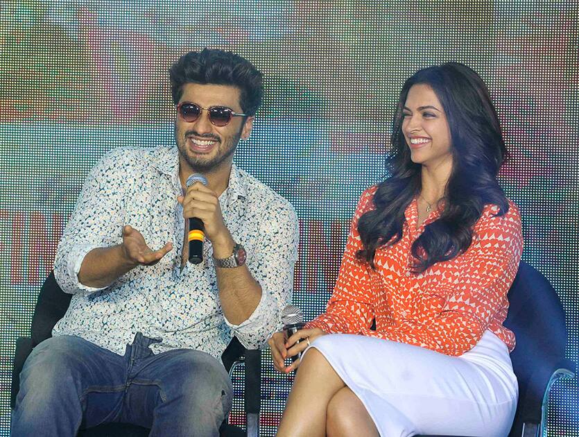 Bollywood actors Arjun Kapoor and Deepika Padukone during the launch of song Shake your Bootiya from the film 'Finding Fanny' in Mumbai.- Rajneesh Londhe.dna