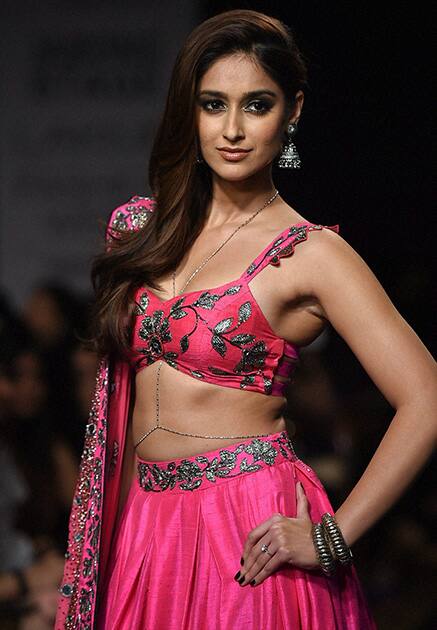 Ileana D'Cruz walks the ramp during a show at Lakme Fashion Week Winter/Festive 2014 in Mumbai.