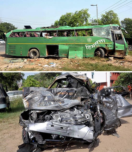 The combo picture shows the wreckage of a bus and car after a collision in Chandigarh.