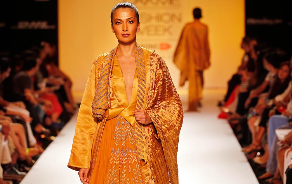 A model displays a creation by Nupur Kanoi during the Lakme Fashion Week in Mumbai.