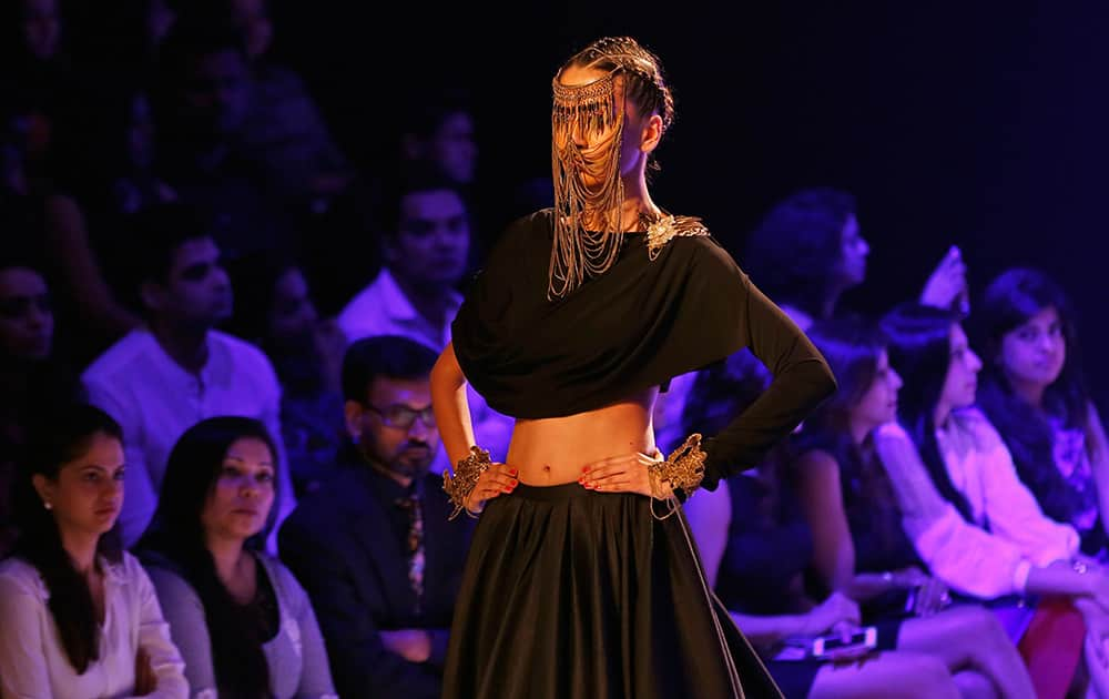 A model displays a creations by Shantanu and Nikhil during the Lakme Fashion Week in Mumbai.