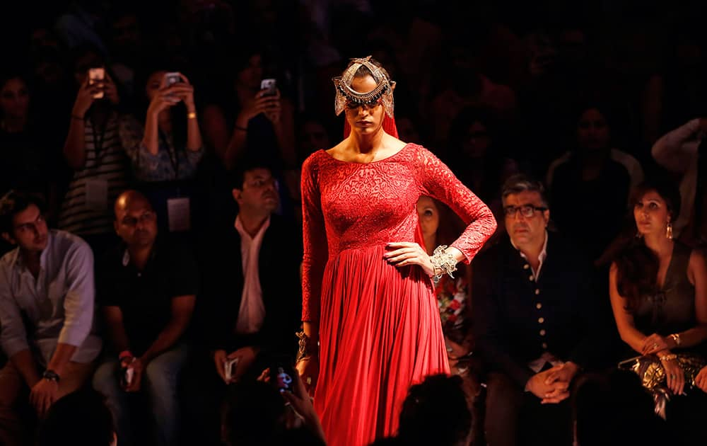 A model displays a creations by Shantanu and Nikhil during the Lakme Fashion Week in Mumbai.