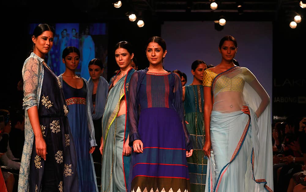 Models display creations by Priyadarshini Rao during the Lakme Fashion Week in Mumbai.