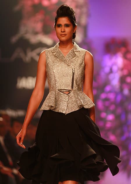 A model displays creations by Varun Bahl during the Lakme Fashion Week in Mumbai.