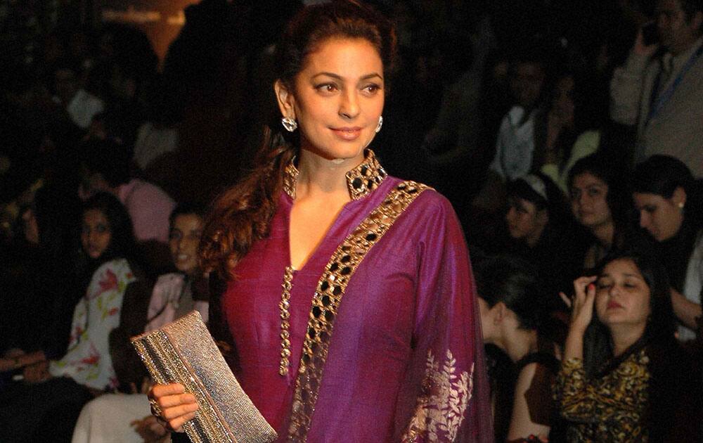 Bollywood actor Juhi Chawla walks the ramp at the Lakme Fashion Week in Mumbai.