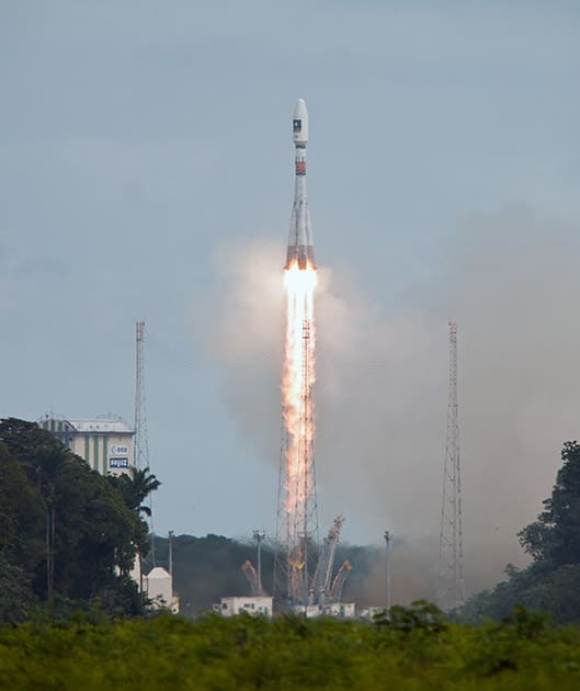 This photo provided by the European Space Agency (ESA), shows the medium-lift VS07 Soyuz rocket lifting off from its launching pad in Kourou, French Guiana.