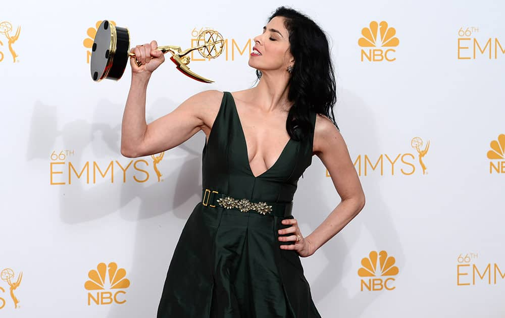 Sarah Silverman poses in the press room at the 66th Annual Primetime Emmy Awards at the Nokia Theatre L.A.