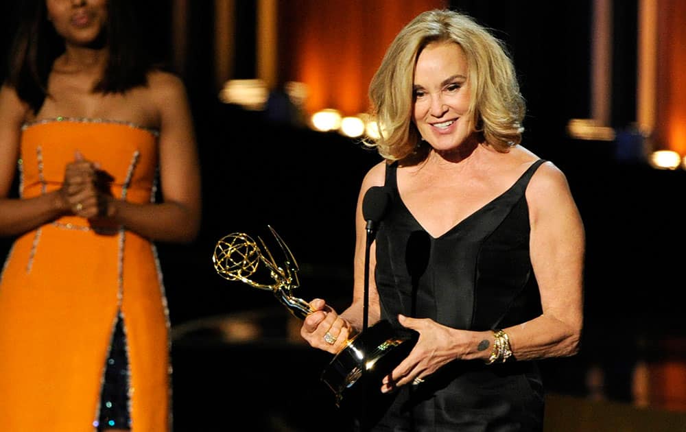 Jessica Lange accepts the award for outstanding lead actress in a miniseries or a movie for her work on “American Horror Story: Coven” at the 66th Annual Primetime Emmy Awards at the Nokia Theatre L.A. 