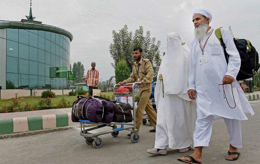 Haj pilgrims arrive at Haj House Bemina in Srinagar. The first batch of 275 Haj pilgrims left for Jeddah from Srinagar Airport to perform annual Haj pilgrimage.