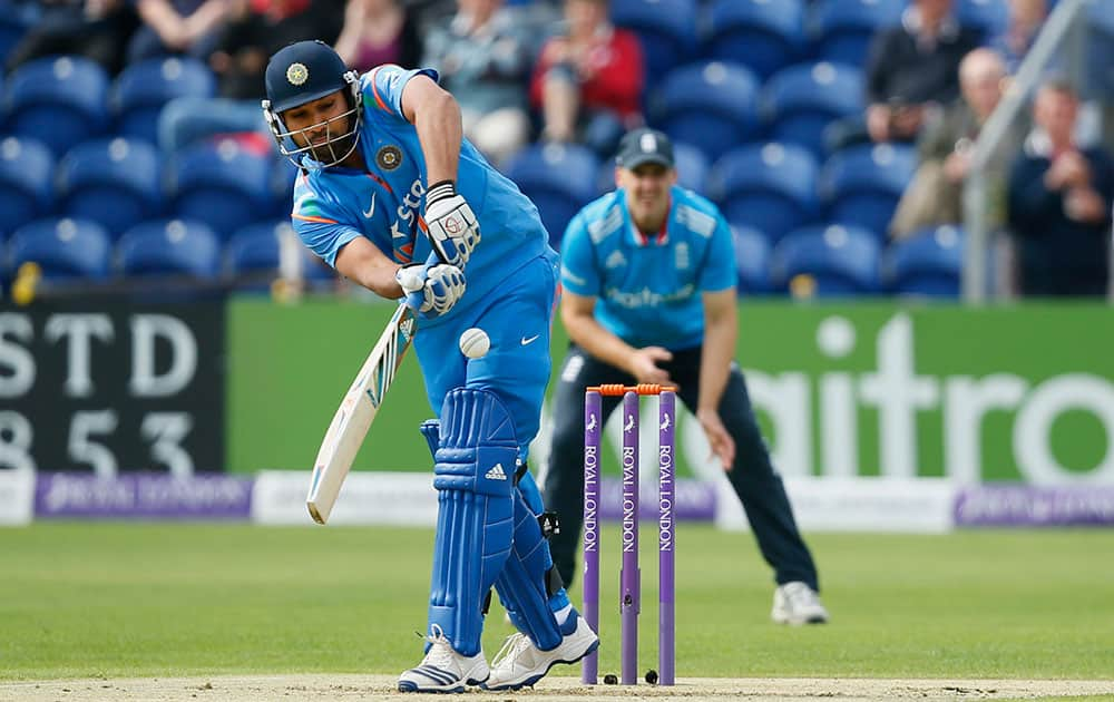 Rohit Sharma avoids a ball from England's James Anderson during their One Day International cricket match at the SWALEC cricket ground in Cardiff, Wales.