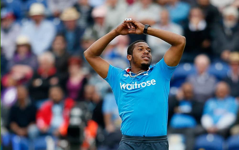 England's Chris Jordan reacts, as India's Rohit Sharma is given not out despite his appeal, during their One Day International cricket match at the SWALEC cricket ground in Cardiff, Wales.