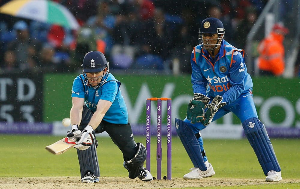 England's Alex Hales plays and misses the ball during their One Day International cricket match against India at the SWALEC cricket ground in Cardiff, Wales.