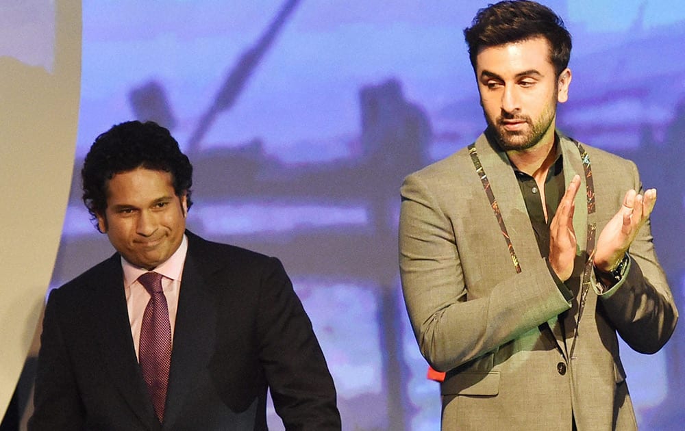 Team owners Sachin Tendulkar and Ranbir Kapoor during the launch of Indian Super League in Mumbai.