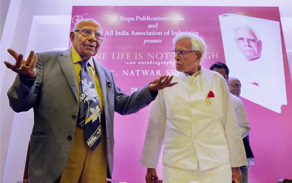 Former diplomat K Natwar Singh and noted lawyer Ram Jethmalani during a promotional event.