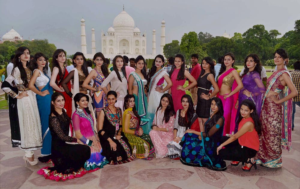 Miss North India contestants during the group photo session at the Taj Mahal in Agra.