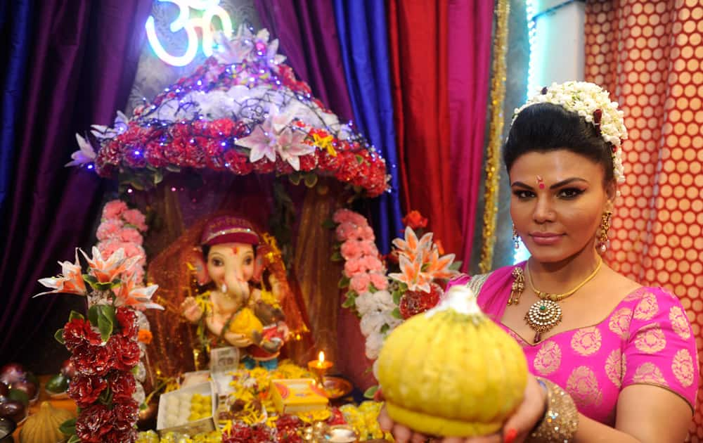 Rakhi Sawant during the Ganesh Chaturthi celebrations at her residence in Mumbai.