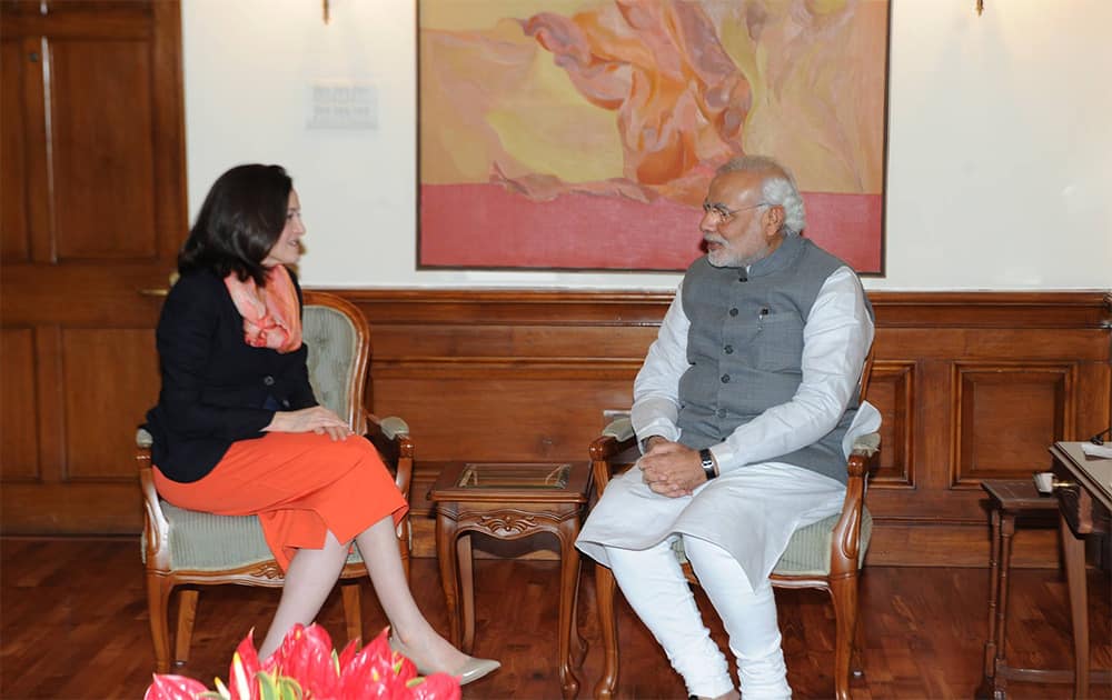 Modi meets Facebook Chief Operating Officer Sheryl Sandberg and tells her that Facebook can be used as a platform for governance and better interaction between the people.