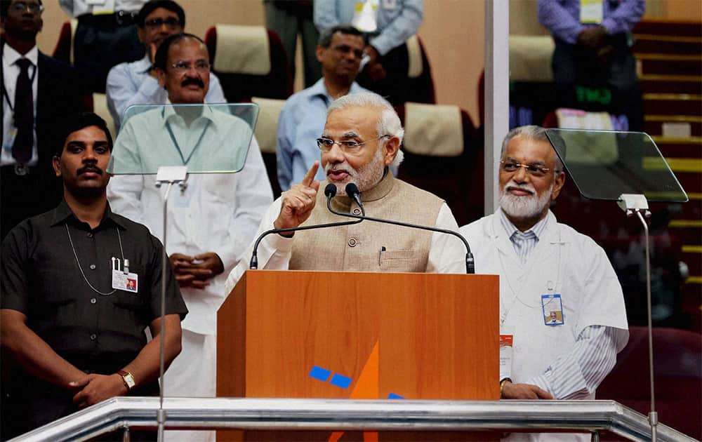 Modi watches the successful launch of ISRO's five foreign satellites from Sriharikota, Andhra Pradesh. 