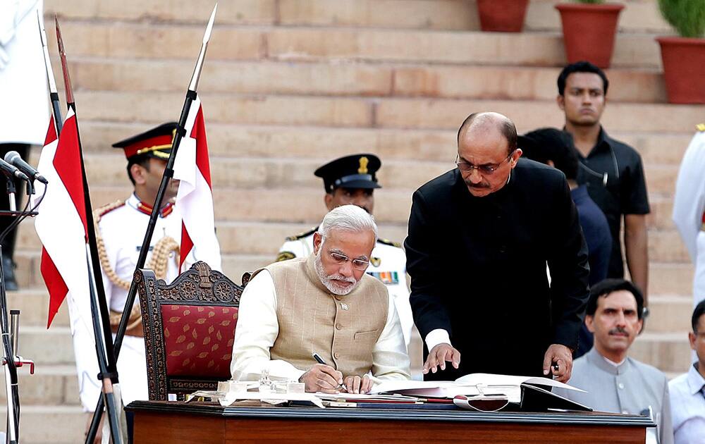 Narendra Damodardas Modi sworn in as India's 15th prime minister at a historic ceremony at Rashtrapati Bhavan on May 26.