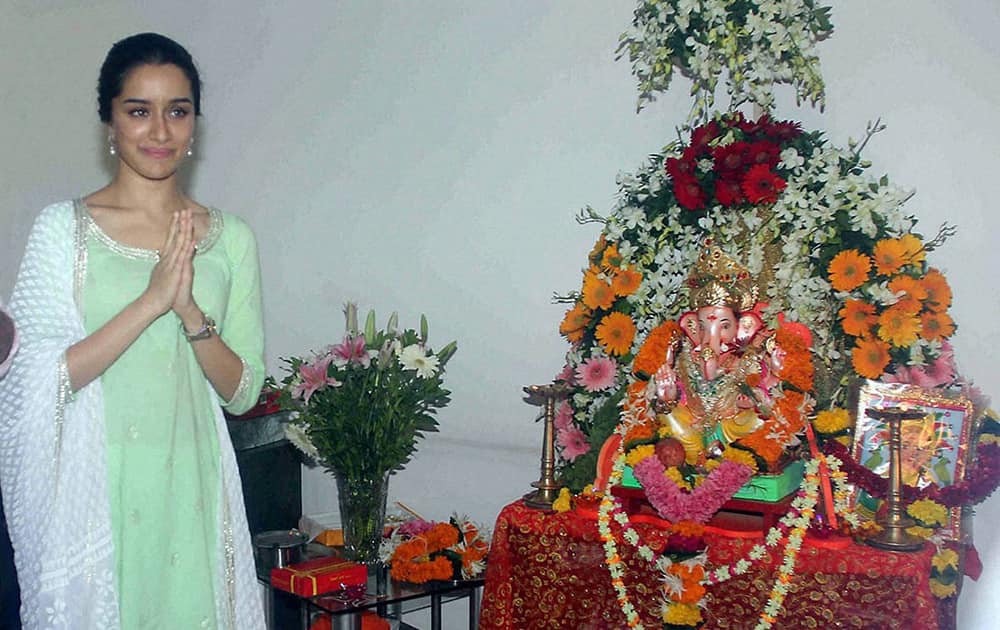 Shraddha Kapoor offers prayers to a Ganesh idol at her residence on the occasion of Ganesh Chaturthi, in Mumbai.