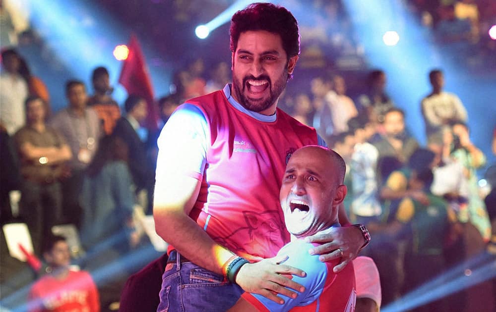 Bollywood actor Jaipur Pink Panthers owner Abhishek Bachchan after his team's win over Patna Pirates in the semifinal match of Pro Kabbadi League in Mumbai.