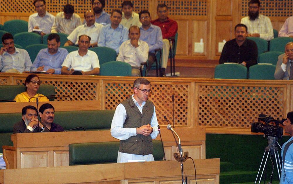 Chief Minister of Jammu and Kashmir Omar Abdullah address the Assembly on the last day of its session in Srinagar..