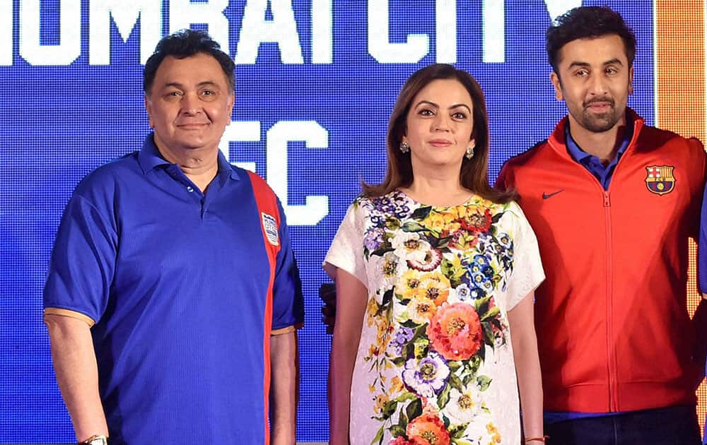 Nita Ambani and Rishi Kapoor at the launch event of Ranbir Kapoor’s football club Mumbai City FC in Mumbai.