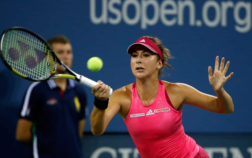 Belinda Bencic, of Switzerland, returns to Jelena Jankovic, of Serbia, during their match in the fourth round of the 2014 US Open tennis tournament.