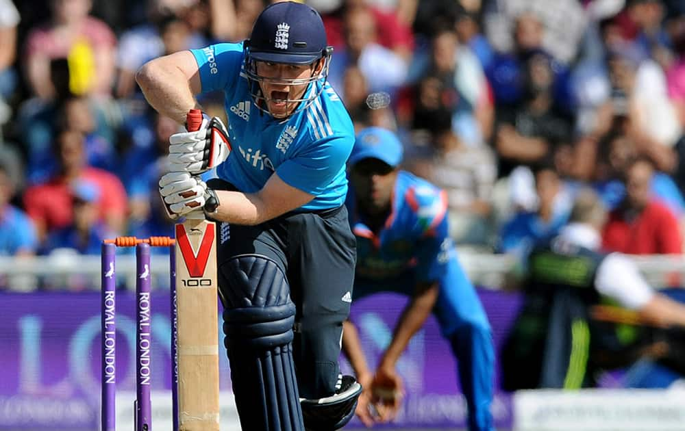 England's Eoin Morgan reacts while batting during the fourth One Day International cricket match between England and India at Edgbaston cricket ground, Birmingham, England.