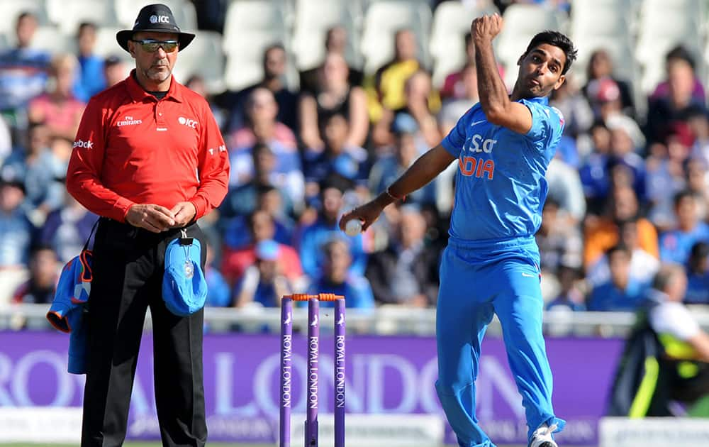 Bhuvneshwar Kumar bowls to England's Alex Hales during the fourth One Day International cricket match between England and India at Edgbaston cricket ground, Birmingham, England.