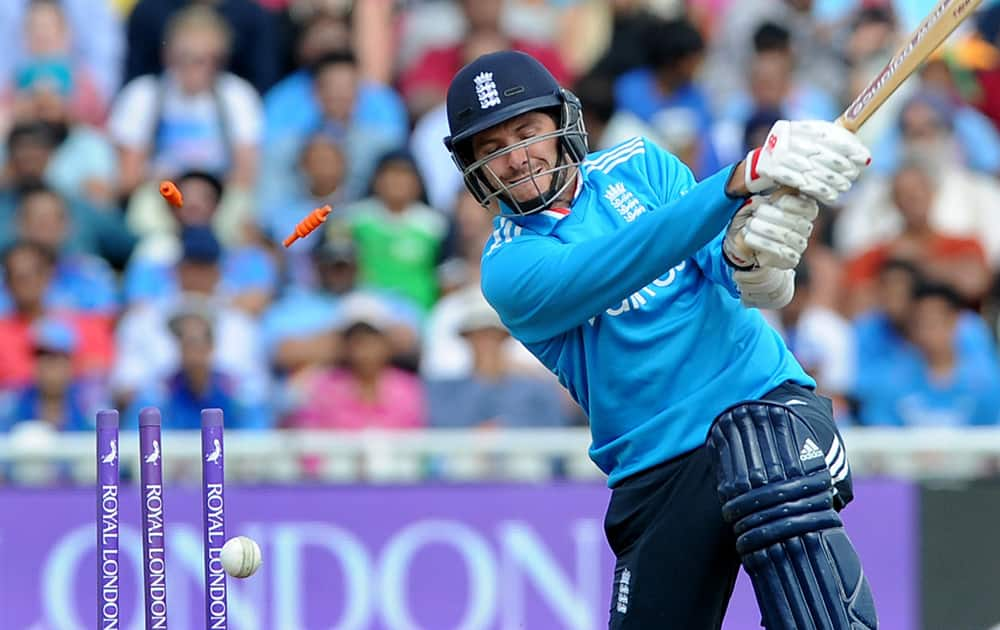 England's Harry Gurney is bowled by Mohammed Shami during the fourth One Day International match between England and India at Edgbaston cricket ground, Birmingham, England.