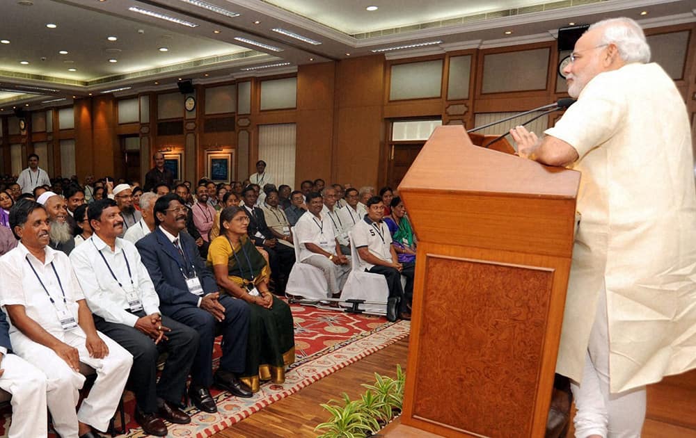 Prime Minister Narendra Modi addresses awardee teachers on the eve of Teachers' Day in New Delhi.