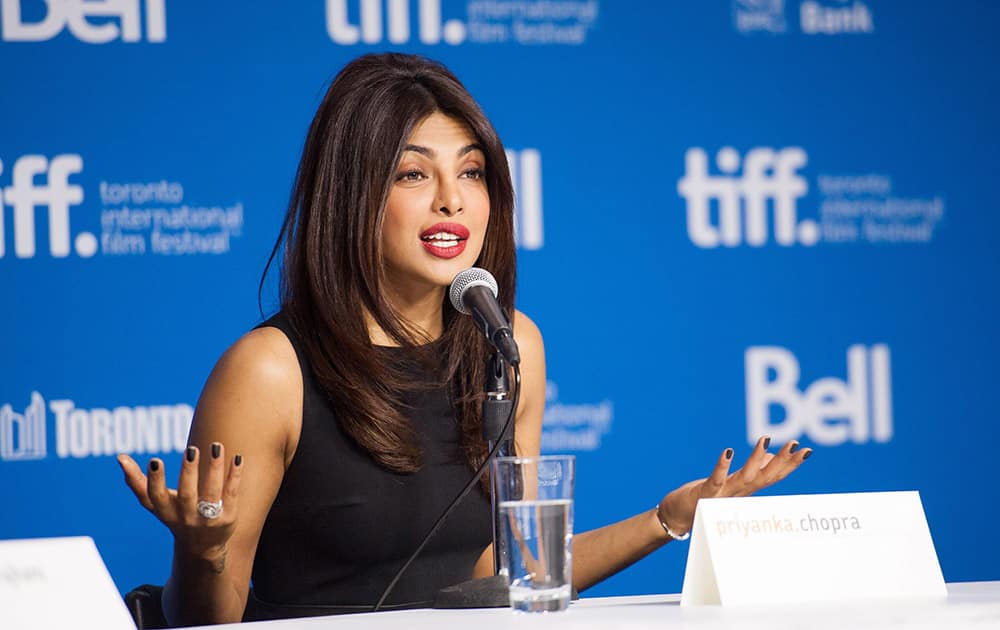 Actress Priyanka Chopra speaks during the press conference for the film 'Mary Kom' at the 2014 Toronto International Film Festival in Toronto.