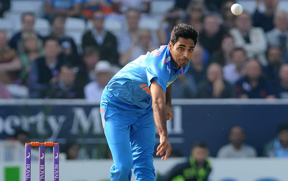 Bhuvneshwar Kumar bowling during the fifth One Day International match between England and India at Headingley cricket ground, Leeds, England.