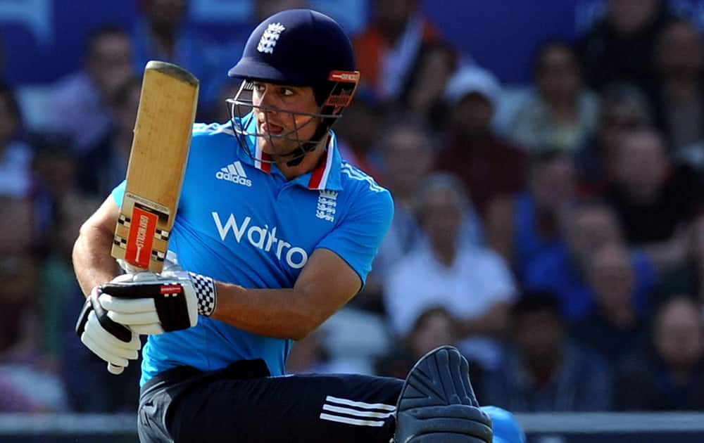 England's Alastair Cook plays a shot during the fifth One Day International match between England and India at Headingley cricket ground, Leeds.