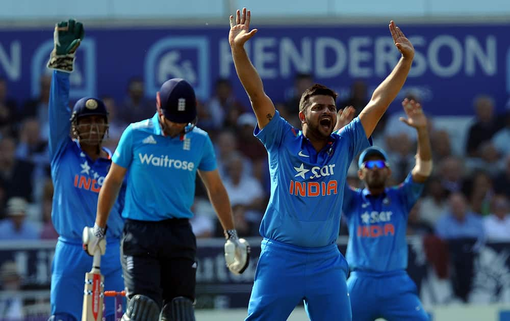 An unsuccessful LBW appeal by India's Suresh Raina for England's Alastair Cook's wicket during the fifth One Day International match between England and India at Headingley cricket ground, Leeds.