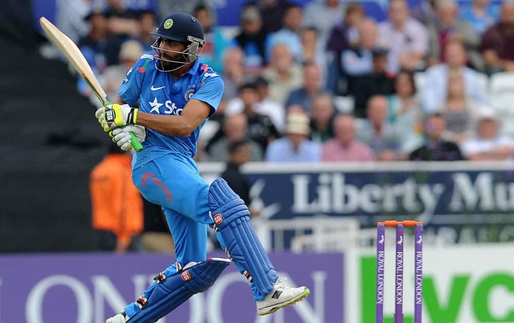 India's Ravindra Jadeja plays a shot during the fifth One Day International match between England and India at Headingley cricket ground, Leeds