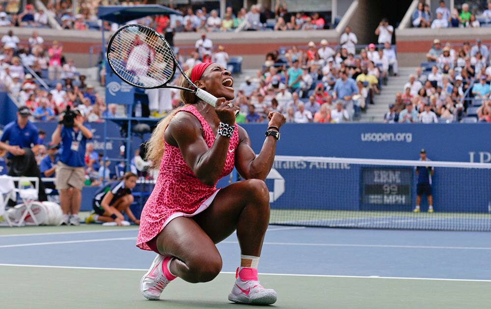 Serena Williams, reacts after defeating Ekaterina Makarova, of Russia, during the semifinals of the 2014 US Open tennis tournament.