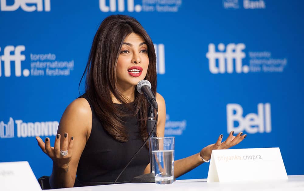 Actress Priyanka Chopra speaks during the press conference for the film 'Mary Kom' at the 2014 Toronto International Film Festival in Toronto.