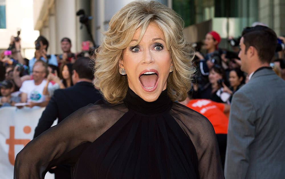 Actress Jane Fonda reacts at the premiere of the film, `This is Where I Leave You` during the 2014 Toronto International Film Festival.