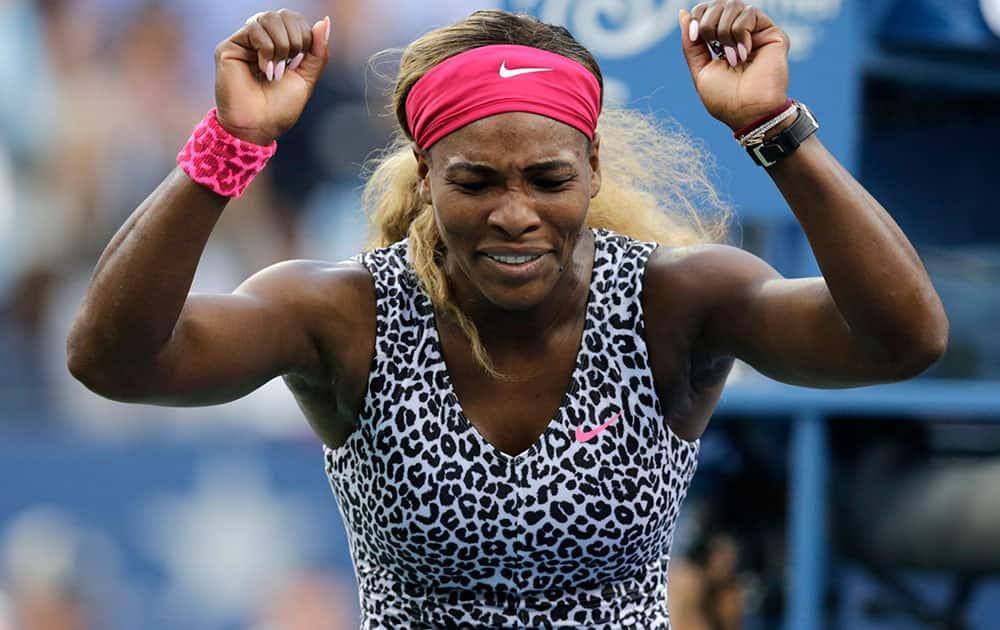 Serena Williams, reacts after defeating Caroline Wozniacki, of Denmark, during the championship match of the 2014 US Open tennis tournament.