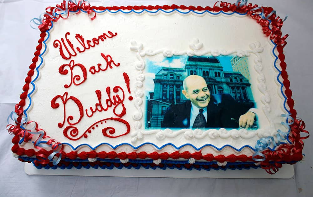 A cake with a likeness of former Providence Mayor Buddy Cianci rests on a table at a fundraising event in Providence, R.I. Cianci on Wednesday held his first news conference since announcing in June he would make a comeback bid for his old job by running as an independent.