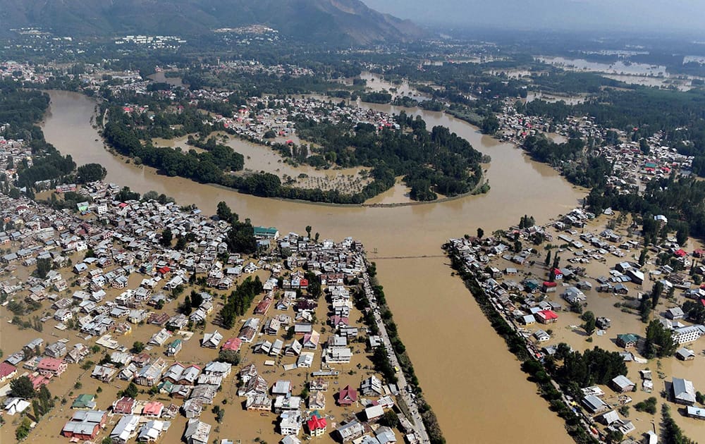 An aerial view of flooded areas of the Srinagar city.