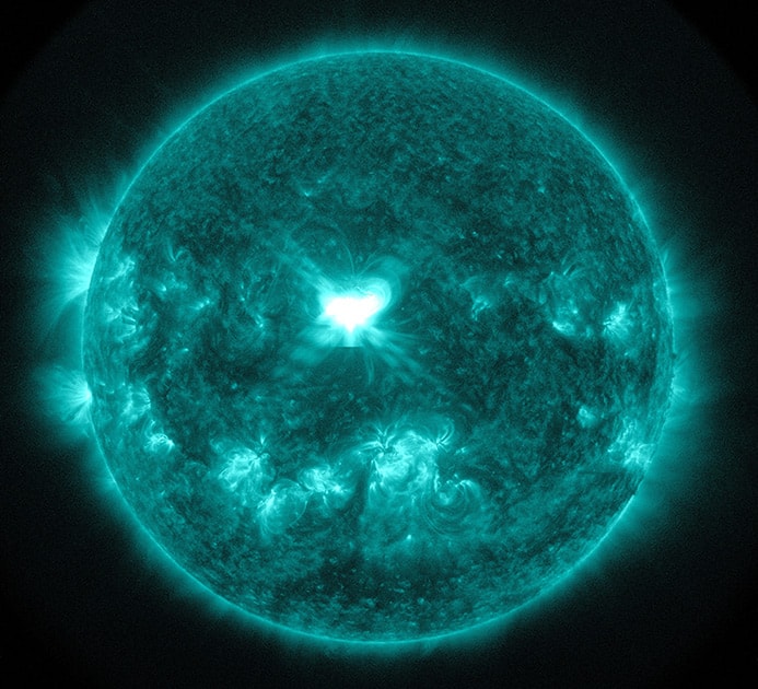 This image provided by NASA, shows an extreme ultra-violet wavelength image of solar flare captured about 1:45 p.m. EDT